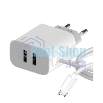 Сетевое зарядное устройство Maxvi CHL-242M 2.4A, with microUSB cable, 2хUSB-A, белый