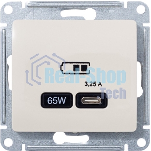 Розетка USB SE тип-C 65W высокоскор.заряд. QC, PD, мех. Glossa бежевый