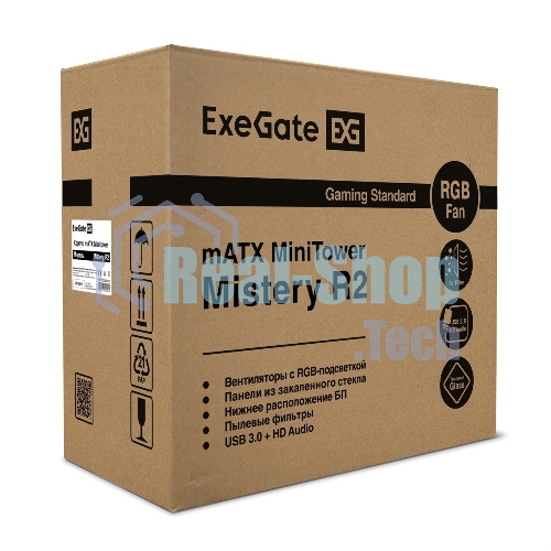 Компьютерный корпус Minitower ExeGate EX294384RUS Mistery R2 (mATX, без БП, 2*USB+1*USB 3.0, аудио, черный, 1 вент. 12см с RGb подсветкой и полоса на передней панели, боковая панель - закаленное стекло)