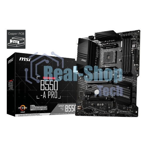 Материнская плата MSI B550-A PRO, AM4, AMD B550, 4xDDR4, 6xSATA, 2xM.2, 1xPCI-E 4.0 x16, 1xPCI-E 3.0 x16, 2xPCI-E x1, 1xHDMI, 1xDP, 1x 1Gb LAN, 4xUSB-A 2.0, 2xUSB-A 3.2 Gen 1, 1xUSB-A 3.2 Gen 2, 1xUSB-C 3.2 Gen 2, 6x3.5 мм, 7.1, ATX