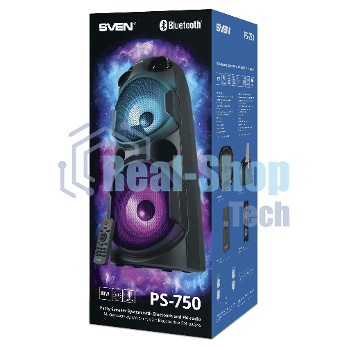 Колонка АС SVEN PS-750, черный (80 Вт, TWS, Bluetooth, FM, USB, microSD, LED-дисплей, 2х4400мА*ч)