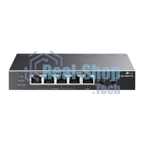 Коммутатор настольный TP-Link TL-SG1005P-PD с 5 гиг. портами (1 порт с входящим PoE++, 4 порта с исходящим PoE+), бюджет PoE: 9, 21, 47 или 66 Вт (зависит от используемого стандарта входящего PoE)