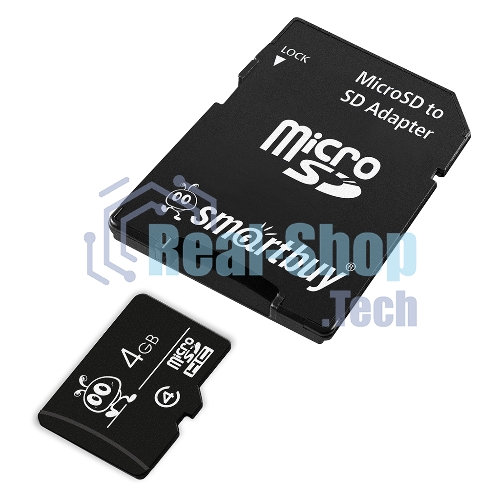 Флеш карта Micro SDHC 4Gb Smartbuy Сlass 4, адаптер в комплекте