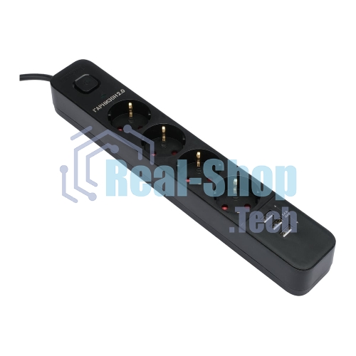 Сетевой фильтр Гарнизон 2.0 Мультипорт EPS-4-U3-B-2, 4 р, 10А, 3xUSB, 2 м, ур.защиты 2+, черный, пакет