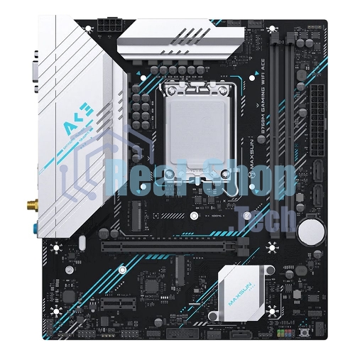 Материнская плата Maxsun B760M GAMING WIFI ACE, LGA 1700, Intel B760, 2xDDR5, 3xSATA, 2xM.2, 1xPCI-E 4.0 x16, 1xPCI-E x1, 1xHDMI, 1xVGA, 1x 1Gb LAN, 2xUSB 2.0, 4xUSB 3.2 Gen1, 7.1, mATX