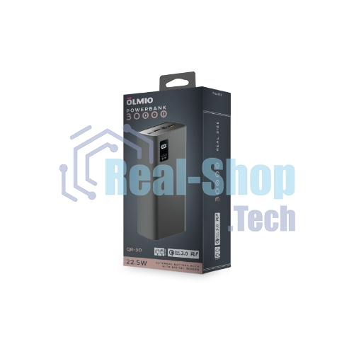 Портативный аккумулятор OLMIO QR-30, 30000mAh, 22.5W, QuickCharge3.0/PowerDelivery, LCD, серый