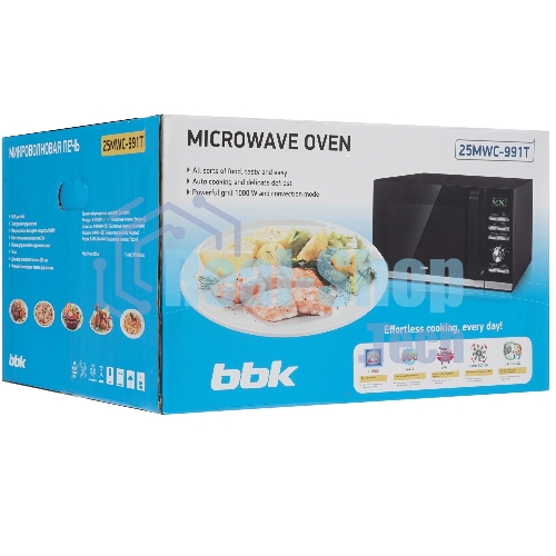 Микроволновая печь BBK 25MWC-991T/B черный/серебристый, 25 л, 900 Вт, переключатели - кнопки, поворотный механизм