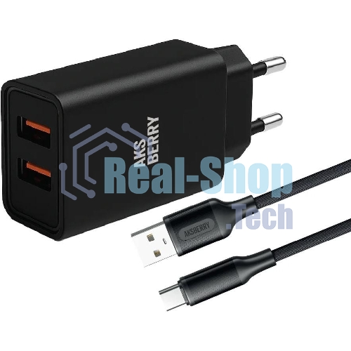 Сетевое зарядное устройство AKSBERRY (6900209230014) T38 2 USB 2.4A + кабель Type C, черный