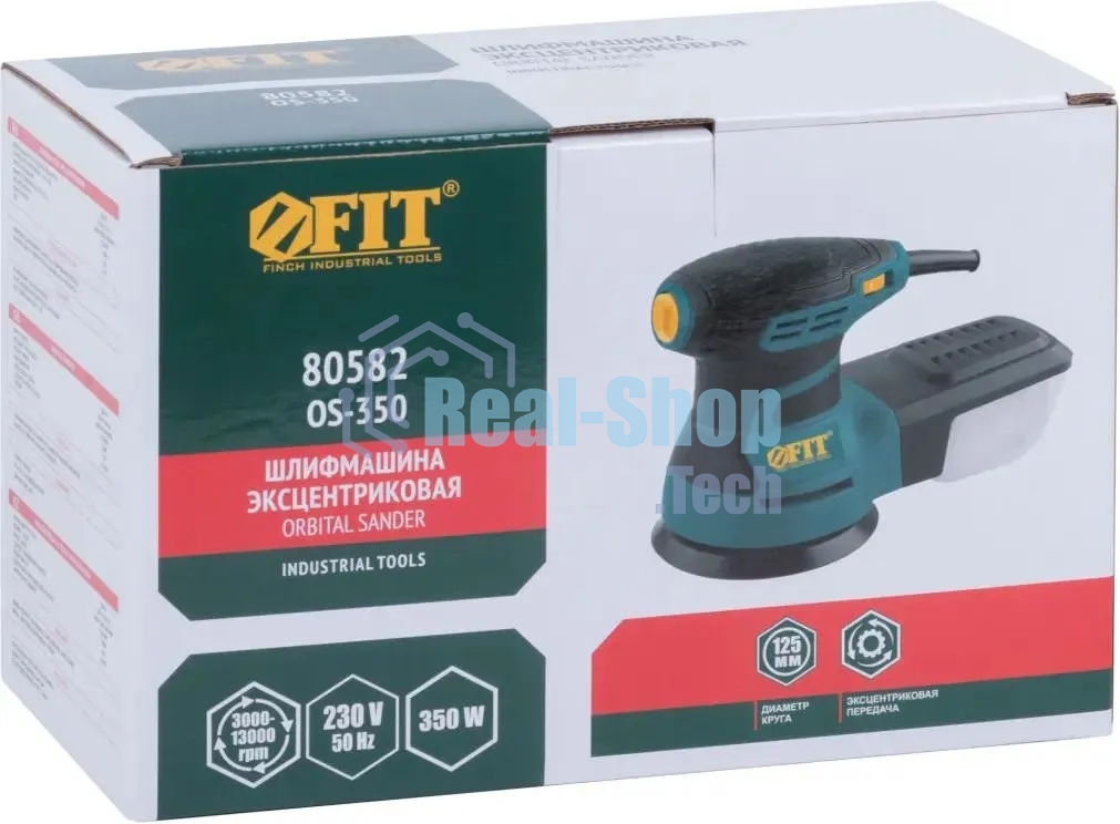 Шлифмашина эксцентриковая FIT OS-350, 350 Вт, 3000-13000 об/мин, 125 мм, 1,5 кг, липучка, пластик. контейнер, коробка