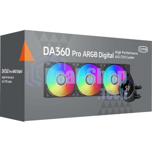 Система охлаждения PCCooler DA360 Pro ARGb Digital BK (300W, 360мм, LED temp., Black, ARGb/Fans: 3x120мм, 75.8CFM, 33.7dBA, 2200RPM/Pump height 57мм, 28dBA, 3000RPM, Rad thickness 27мм/S: 1851, 1700, 1200, 20XX, 115X, AM5, AM4)