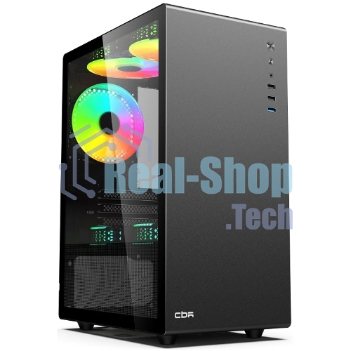 Компьютерный корпус CBR mATX Minitower V500, без БП, 1хUSB 3.0, 2хUSB 2.0, HD Audio+Mic, закаленное стекло, черный [PCC-MATX-V500-WPSU