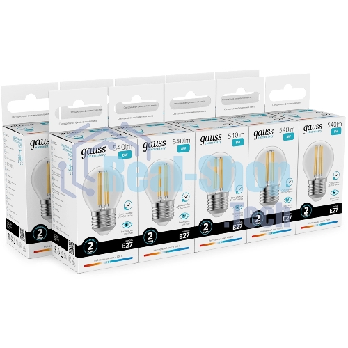 Лампа светодиодная филаментная Gauss Filament 8Вт цок.: E27 шар св. свеч. бел. нейт. (упак.: 10 шт)