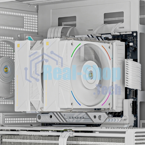 Кулер для процессора Thermalright Royal Pretor 130 Ultra White (4-pin PWM, 158mm, Ni/Cu, 7x6mm, 1x120mm ARGB +1x130mm, 69CFM/81.88CFM, 27dBA/28.3dBA, 2150RPM/1750RPM, S: 1200, 1700, 1851, 115X, 2011, 2066, AM4, AM5, white)