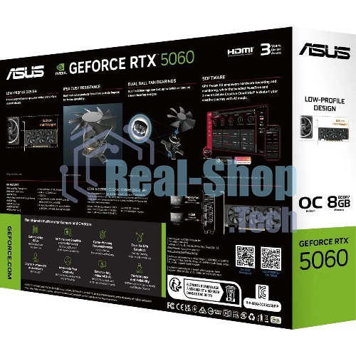 Видеокарта Asus GeForce RTX 5060 LP BRK, NVIDIA RTX 5060, 8Gb, GDDR7, 128 bit, PCI-E 5.0, HDMIx2, DPx1, HDCP, 2580 MHz