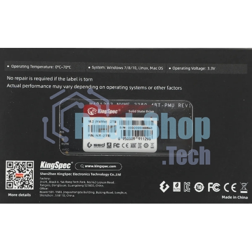 Накопитель SSD KingSpec NX-2Tb, 2000Gb, PCIe 3.0 x4, M.2 2280, NVMe, R/W 3400/3100