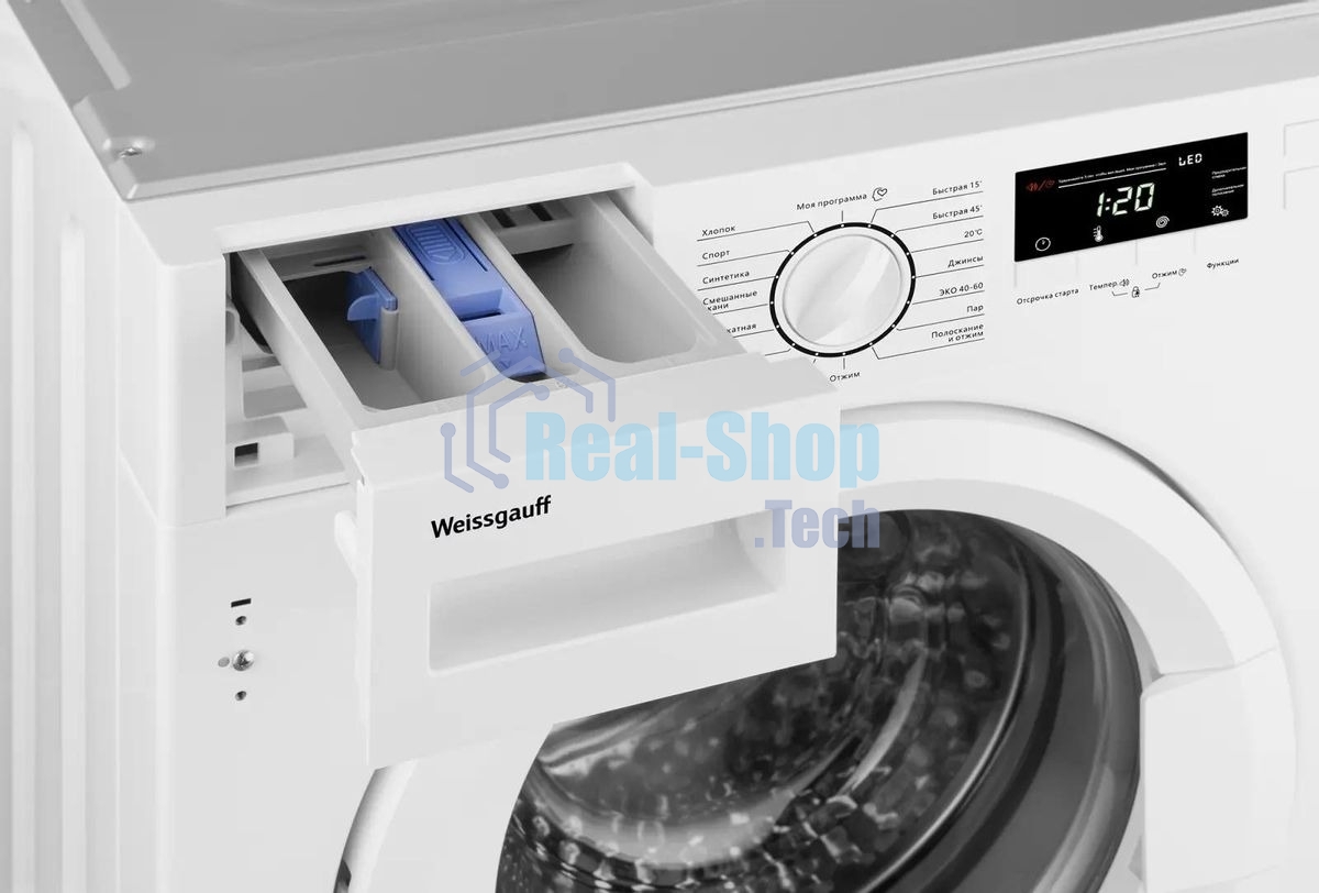 Стиральная машина встраиваемая Weissgauff WMI 6147 Inverter Steam белый, загрузка фронтальная 7 кг, 1400 об/мин, класс A+++