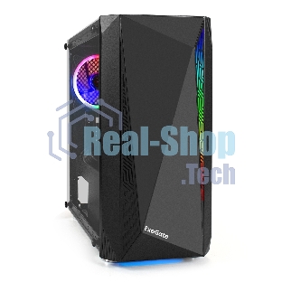 Компьютерный корпус Minitower ExeGate Mistery R2-NPX500 (mATX, БП 500NPX с вент. 12 см, 2*USB+1*USB 3.0, аудио, черный, 1 вент. 12см с RGb подсветкой и полоса на передней панели, боковая панель - закаленное стекло)