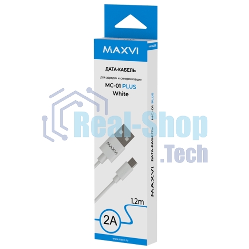 Кабель Maxvi MC-01 plus white USB-A - microUSB, 2A ток макс. нагрузки 2А, макс. напряжение 5V; стандарт USB 2.0; длина 1.2м, материал PVC, белый