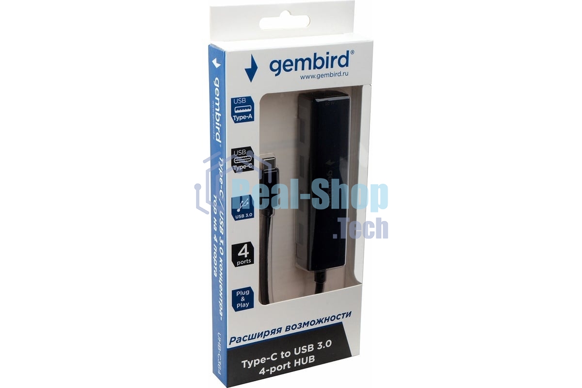 USB-концентратор Gembird UHB-C364, USB 3.0, USB 4 порта, USB Type-C / с доп питанием