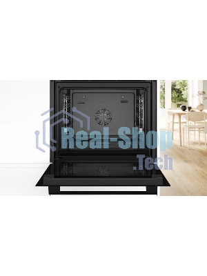 Встраиваемый духовой шкаф Bosch HRG232EB3 Serie 4 с добавлением пара Bosch, Auto Pilot 15, объем 71 л, 8 режимов нагрева, 3D Hotair, Soft move door,телескопические направляющие 1уровень,гидролиз+каталитическая очистка задней стенки,сенсорное управление,черный+профиль из нержавеющей стали