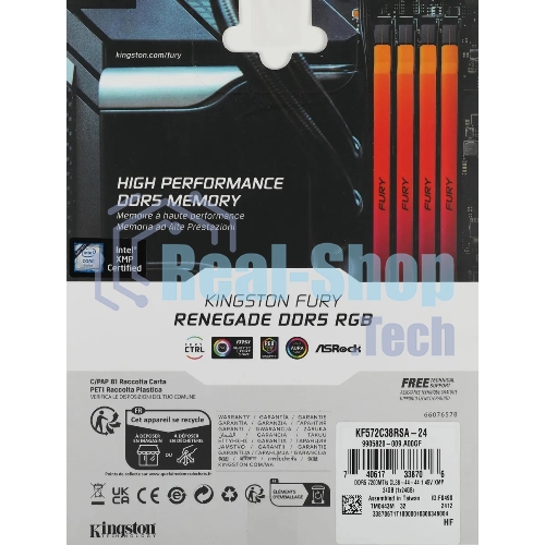 Оперативная память Kingston Fury Renegade RGB, DDR5, 24GB (1x24 GB), 7200 MHz, CL38, радиатор, RGB, серебристый