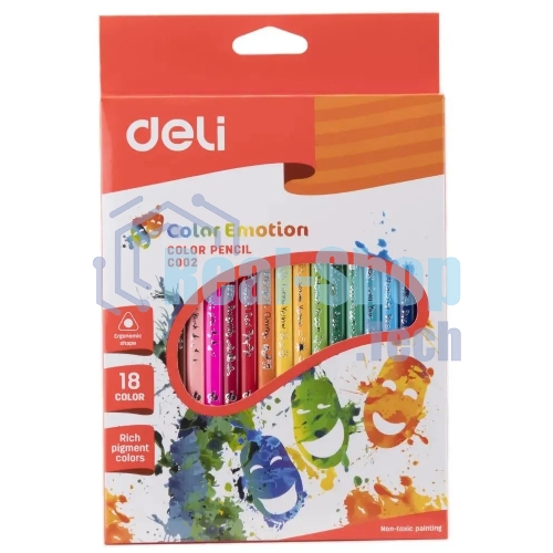 Карандаши цветные Deli Color Emotion EC00210, трехгранный профиль, липа, 18 цветов, коробка с европодвесом