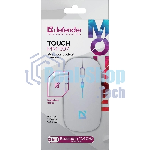 Мышь беспроводная Defender Touch MM-997 белый, 1600 dpi, радиоканал, Bluetooth, USB, кнопки - 4