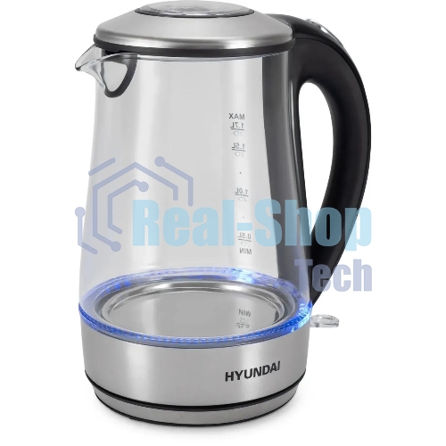 Чайник электрический Hyundai HYK-G8406 1.7 л, 2200 Вт, прозрачный/черный (корпус: нержавеющая сталь)