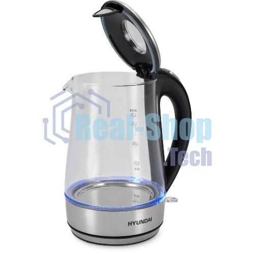 Чайник электрический Hyundai HYK-G8406 1.7 л, 2200 Вт, прозрачный/черный (корпус: нержавеющая сталь)