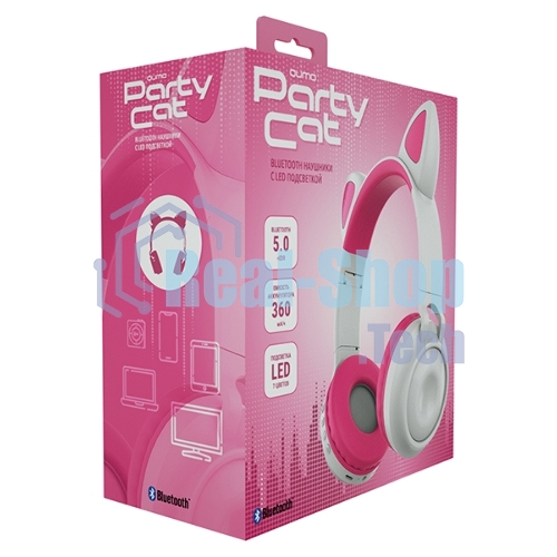 Беспроводные/проводные наушники Qumo Party Cat BT 0025 бело-розовый, накладные, Bluetooth + проводной, кошачьи ушки, до 7 ч