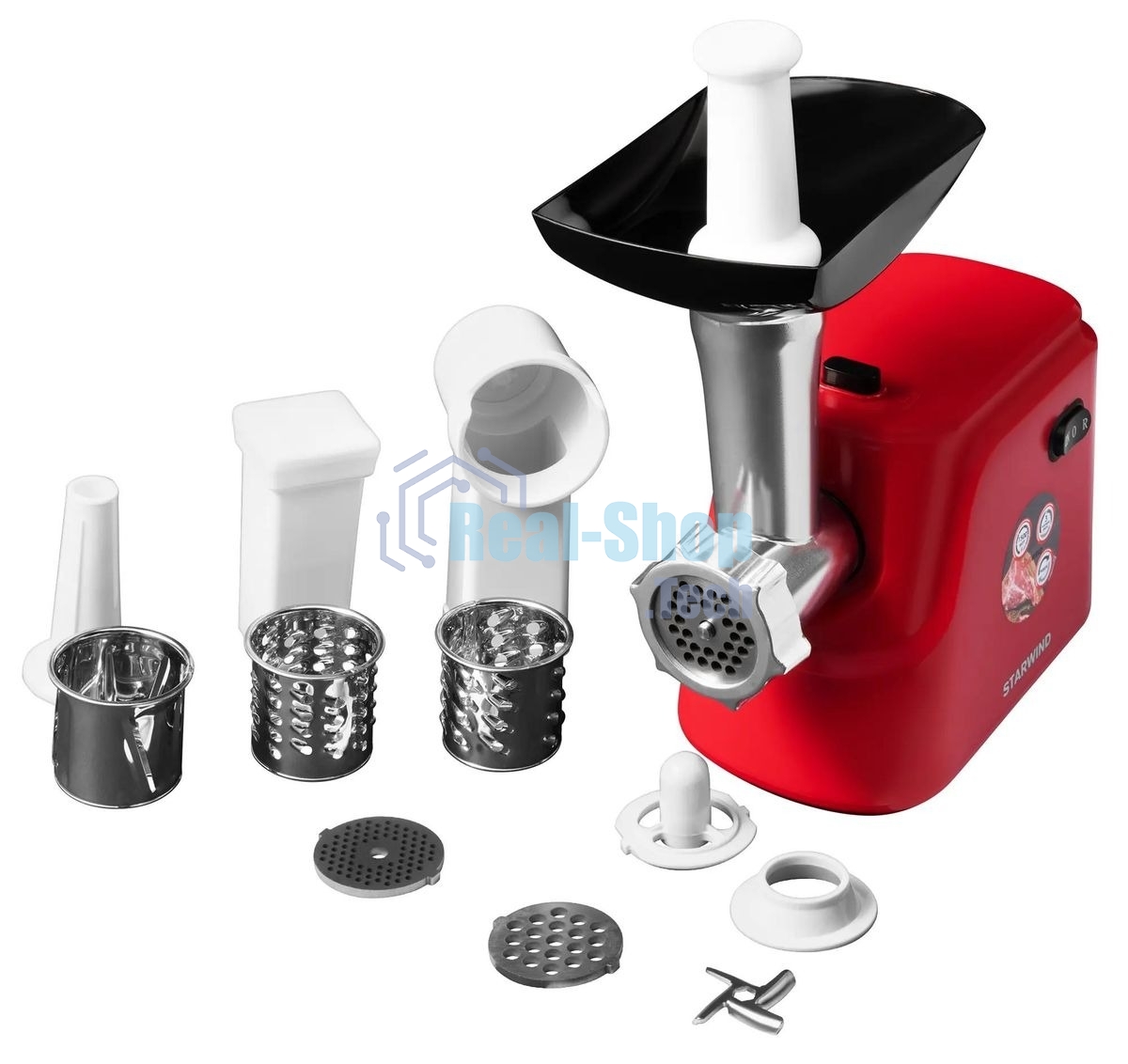 Мясорубка электрическая Starwind SMG3225 красный, 1500 Вт, 2.0 кг/мин, реверс, защита от перегрузки, насадки - 8