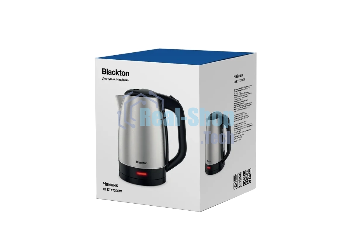 Электрочайник Blackton Bt KT1720SW стальной/черный, 1.7 л, 1800 Вт, скрытый нагревательный элемент