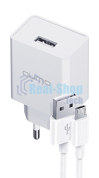 Сетевое зарядное устройство Qumo Energy light 10Вт, (модель 0103), порт: USB-A, + кабель PVC 1м. USB-A на MicroUSB, белый