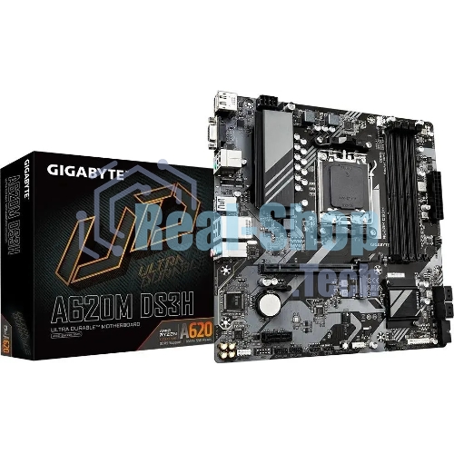 Материнская плата Gigabyte A620M DS3H, mATX, AM5, AMD A620, 4xDDR5, 4xSATA, 1xM.2, 1xPCI-E 4.0 x16, 1xPCI-E x1, 1xHDMI, 1xDP, 1xVGA, 1x 1Gb LAN, 1xUSB 3.2 Gen 1, 4xUSB 2.0, 3x3.5мм, 7.1, ATX
