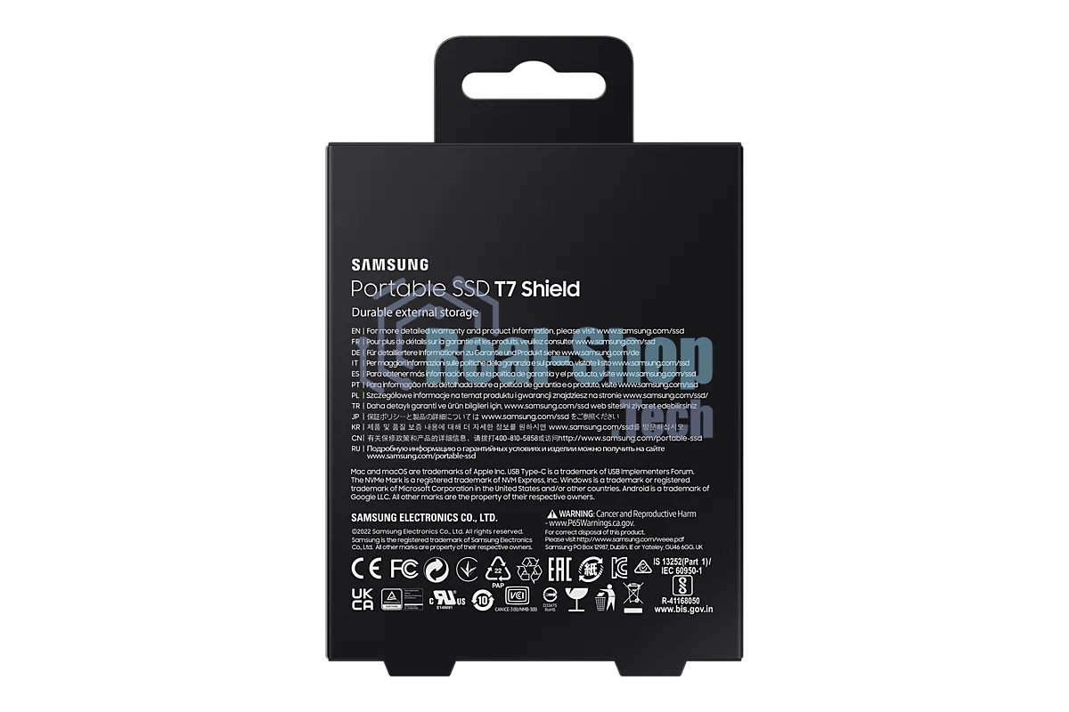 Внешний SSD Samsung T7 Shield, 1TB, USB 3.2 Gen 2 Type-C, R/W 1050/1000, черный