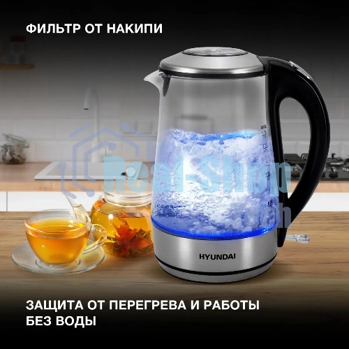 Чайник электрический Hyundai HYK-G8406 1.7 л, 2200 Вт, прозрачный/черный (корпус: нержавеющая сталь)