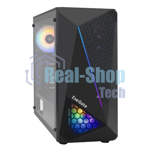 Компьютерный корпус Miditower ExeGate EVO-8225-NPX600 (ATX, БП 600NPX с вент. 12см, 2хUSB+1хUSB 3.0, черный, 2 вент. с RGb подсветкой и полоса на передней панели, боковая панель - закаленное стекло)