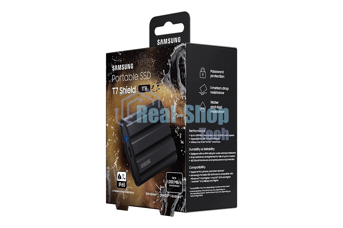 Внешний SSD Samsung T7 Shield, 1TB, USB 3.2 Gen 2 Type-C, R/W 1050/1000, черный