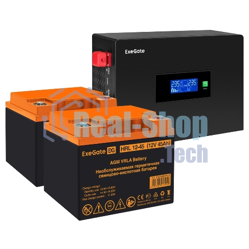 Комплект Источник бесперебойного питания EX295994RUS + батарея 45Aч EX285666RUS 2шт (инвертор, синус, для котла, PF=1, настенный) ExeGate IdealSine SR-1500.LCD.2SH <1500VA/1500W, чистая синусоида, цветной LCD-дисплей, 2*Schuko, крепление настенное, черный> + батарея ExeGate HRL 12-45 (12В, 45Ач) 2шт