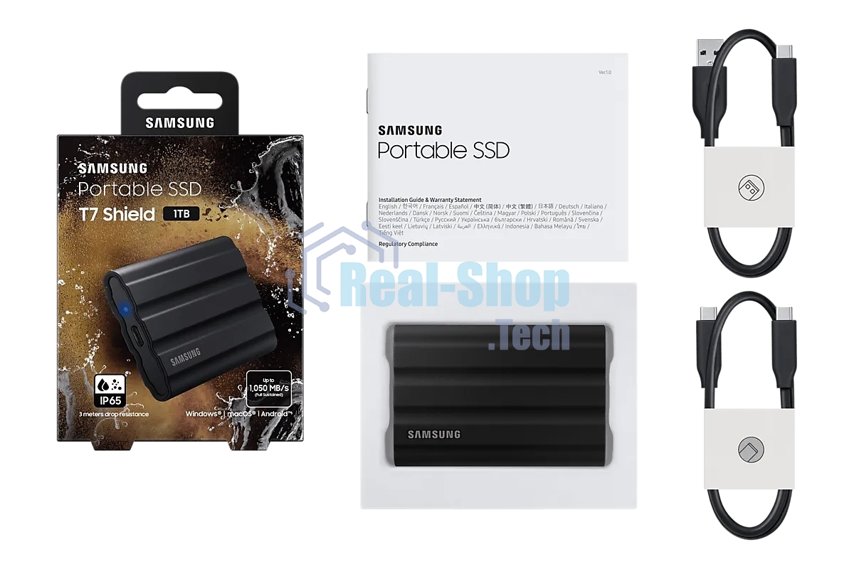 Внешний SSD Samsung T7 Shield, 1TB, USB 3.2 Gen 2 Type-C, R/W 1050/1000, черный