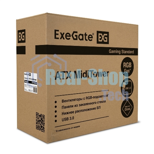 Компьютерный корпус Miditower ExeGate EVO-8225-NPX600 (ATX, БП 600NPX с вент. 12см, 2хUSB+1хUSB 3.0, черный, 2 вент. с RGb подсветкой и полоса на передней панели, боковая панель - закаленное стекло)