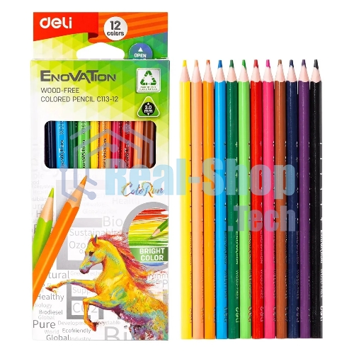 Карандаши цветные Deli EC113-12 Enovation, трехгранный профиль, пластик 12 цветов, коробка с европодвесом (12шт)
