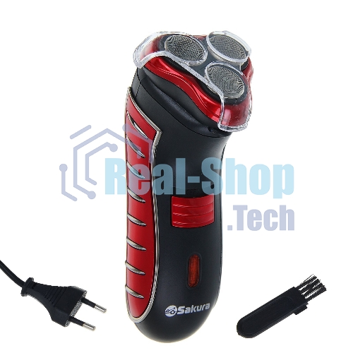 Электробритва Sakura SA-5414RB красно-черный(Бритва электрическая, сухое бритье, работа от аккумулятора. 3 бреющие головки. Индикатор заряда батарейки. Защитная крышка. Щеточка для очистки.)