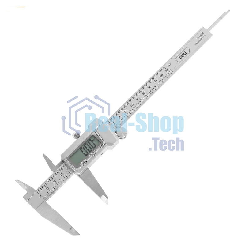 Электронный штангенциркуль Deli DL91200 200мм, метрическая/дюймовая конвертация, нержавеющая сталь, 3 кнопочное управление, светодиодный дисплей, 1,5В SR44.