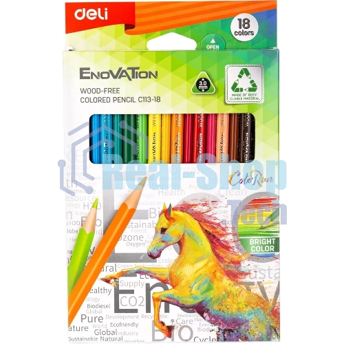 Карандаши цветные Deli EC113-18 Enovation, трехгранный профиль, пластик 18 цветов, коробка с европодвесом (18шт)