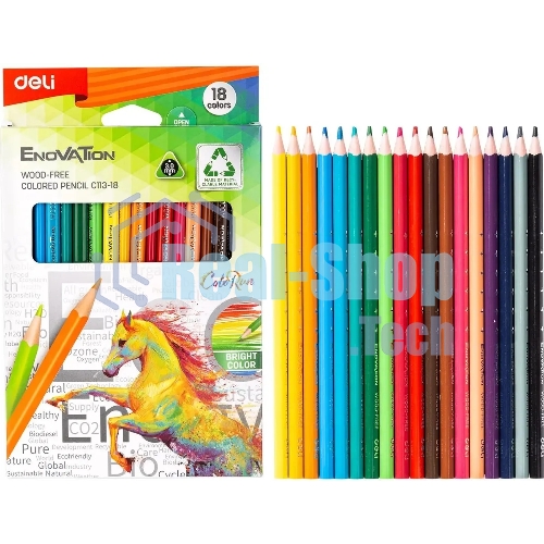 Карандаши цветные Deli EC113-18 Enovation, трехгранный профиль, пластик 18 цветов, коробка с европодвесом (18шт)