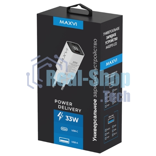 Сетевое зарядное устройство Maxvi A402PD LED 33W, 1xUSB-A, 1xUSB-C, белый