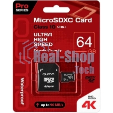 Флеш карта QUMO MicroSDXC 64Gb Сlass 10 UHS-I,3.0 без адаптера SD, черно-красная картонная упаковка
