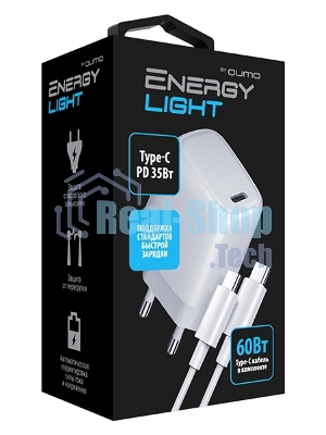 Сетевое зарядное устройство Qumo Energy light PD 35Вт (Charger 0067), 1 USB Type-C, + кб 1м, 60Вт.