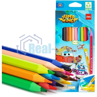 Карандаши цветные Deli EC126-12 Super Wings, шестигранный профиль, пластик коробка с европодвесом (12шт)